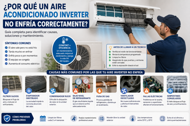 Técnico revisando un aire acondicionado inverter de pared mientras inspecciona los filtros y las posibles causas por las que el equipo no enfría correctamente.