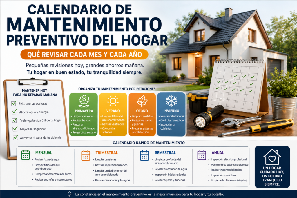 Calendario de mantenimiento preventivo del hogar con revisiones mensuales, trimestrales, semestrales y anuales para mantener una vivienda en buen estado, prevenir averías y prolongar la vida útil de sus instalaciones.