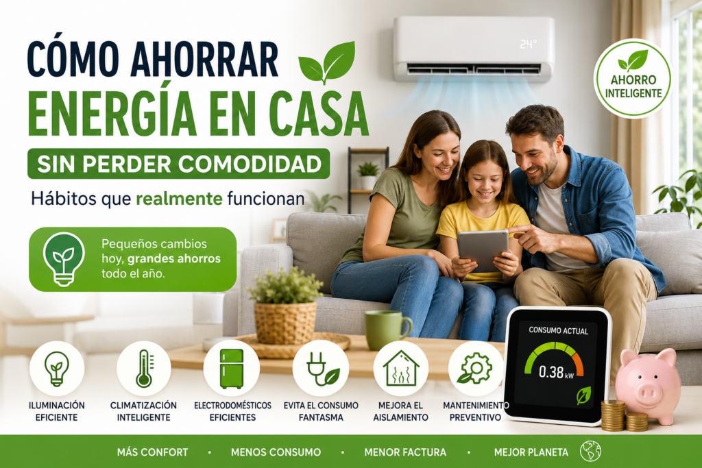 Familia en una vivienda aplicando hábitos de ahorro energético con iluminación natural, aire acondicionado eficiente y electrodomésticos optimizados para reducir el consumo eléctrico sin perder comodidad.