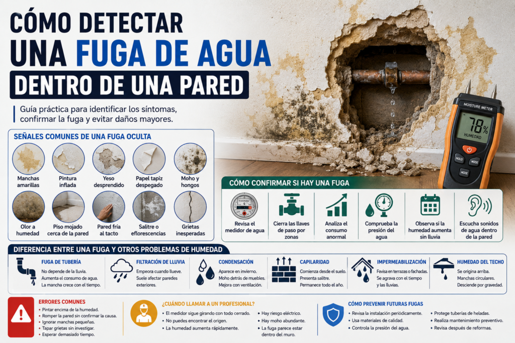 Pared de una vivienda con una fuga de agua oculta, manchas de humedad, pintura desprendida y un técnico utilizando un medidor de humedad para localizar la avería sin romper el muro.
