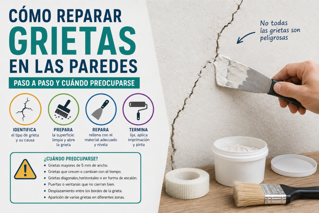 Persona reparando una grieta superficial en una pared con una espátula y masilla de reparación, mostrando el proceso para identificar, reparar y prevenir fisuras en una vivienda de forma segura.
