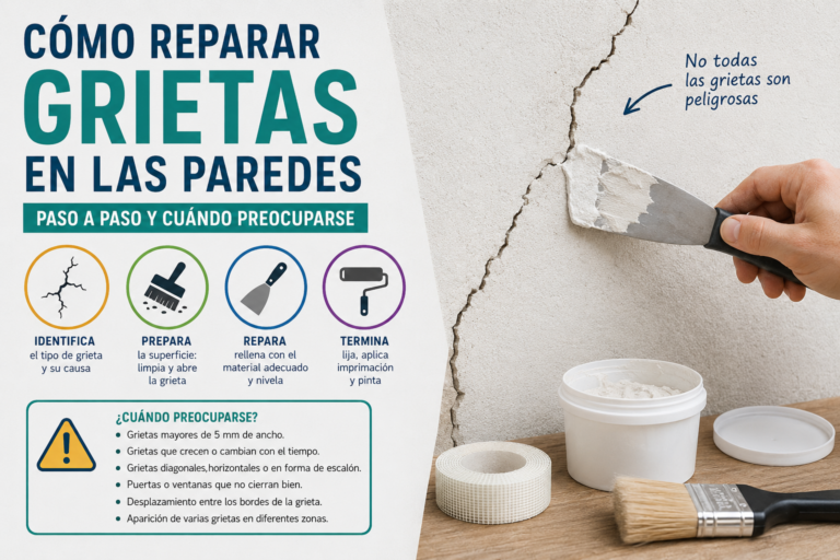 Persona reparando una grieta superficial en una pared con una espátula y masilla de reparación, mostrando el proceso para identificar, reparar y prevenir fisuras en una vivienda de forma segura.