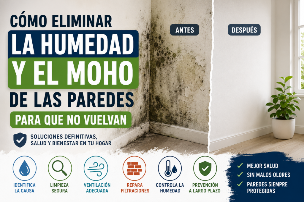 Pared con humedad y moho antes y después de aplicar una solución definitiva