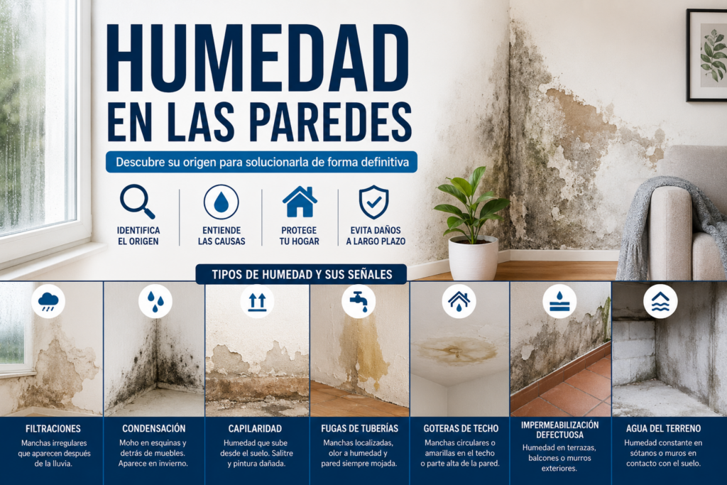 Pared de una vivienda con manchas de humedad, moho y desprendimiento de pintura que muestra los principales tipos de humedad en paredes y cómo identificar su origen.