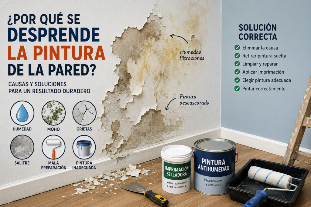 Pared interior con pintura desprendida, ampollas y zonas descascaradas causadas por humedad y falta de adherencia, junto con herramientas utilizadas para reparar y volver a pintar correctamente la superficie